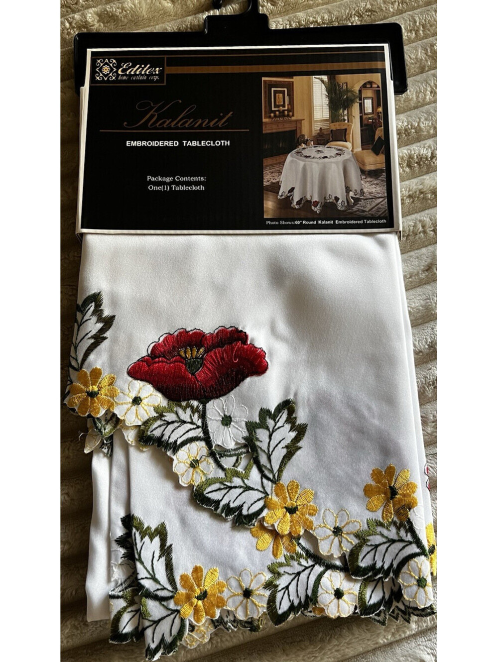 New Editex Kalanit red yellow green white embroidered 60” round tablecloth